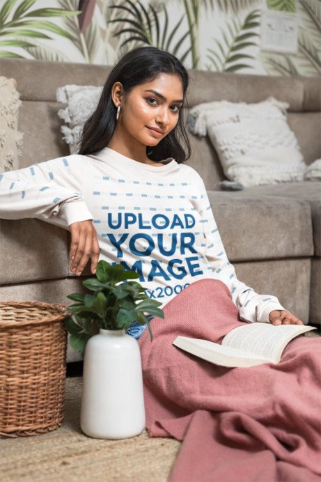 Long Sleeve T-Shirt Mockup of a Gen Z Female Model Relaxing at Home with a Cozy Lifestyle Aesthetic