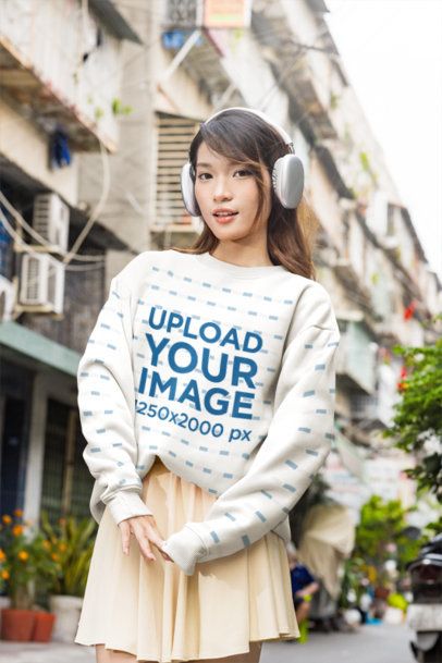 K-Drama Crew Neck Sweatshirt Mockup Featuring a Woman Wearing Headphones m55327