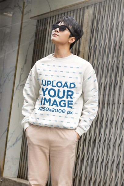 K-Drama Crew Neck Sweatshirt Mockup Featuring a Male Model Wearing Sunglasses m55318
