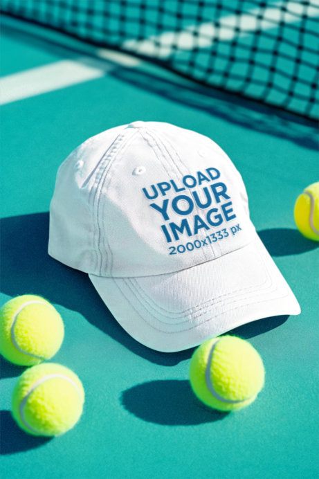AI-Generated Cap Mockup of a Dad Hat Sitting on a Turquoise Tennis Court with Tennis Balls
