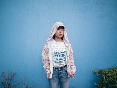 Mockup of a Woman Wearing a Tshirt and a Printed Jacket