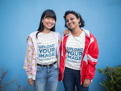 Mockup of Two Girlfriends Wearing T-Shirts and Jackets