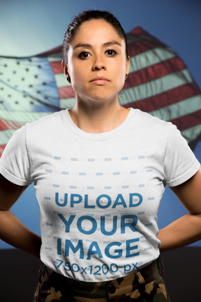 Mockup of a Woman Veteran Wearing a T-Shirt Against the American Flag