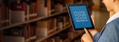 Tablet Mockup of a Woman Using Her iPad at the Library