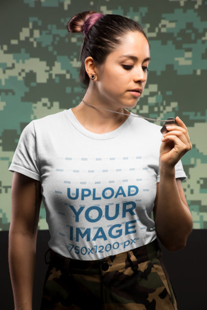 T-Shirt Mockup of a Veteran Woman Looking at her Military Tag