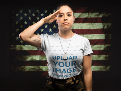 Mockup of a Woman Soldier Wearing a T-Shirt Saluting the Flag