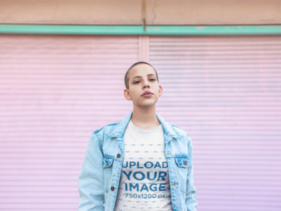 Mockup of a Woman with Short Hair Wearing a T-Shirt and a Denim Jacket