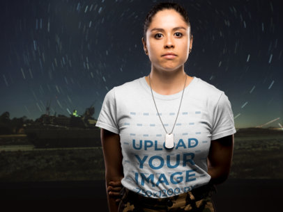 Front Shot T-Shirt Mockup of a Woman Soldier Against a Night Sky