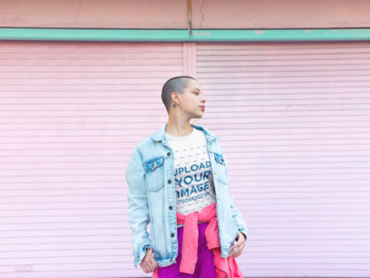 Tshirt Mockup of a Woman with Short Hair Wearing a Denim Jacket