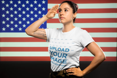 T-Shirt Mockup of a Woman Soldier Saluting the American Flag