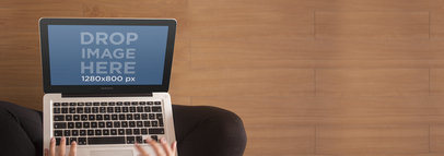 Mockup of Woman with MacBook Pro Over Wooden Deck