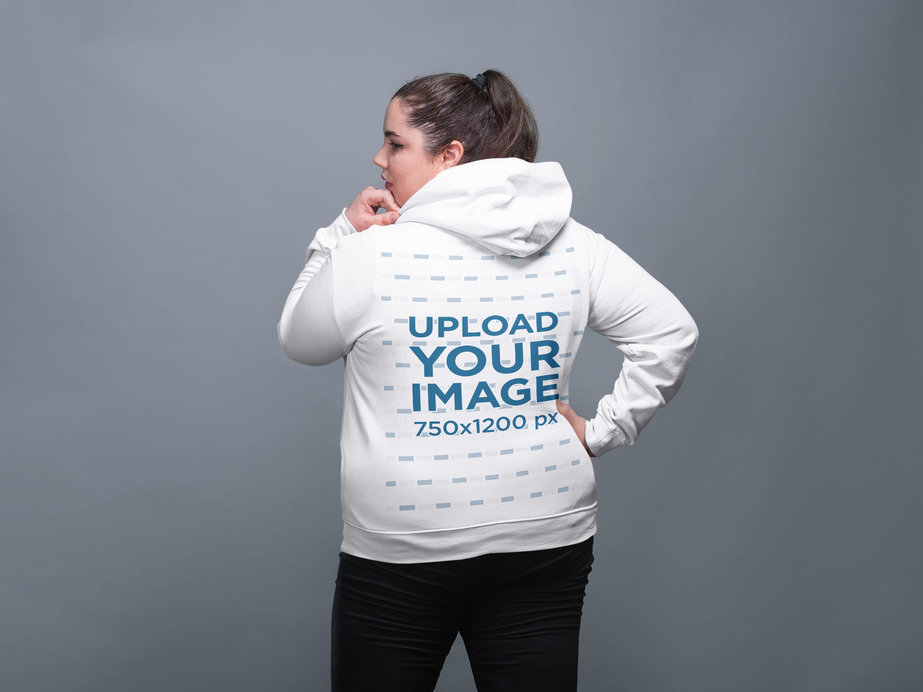 Back Shot Pullover Hoodie Mockup Featuring a White Woman with a Ponytail
