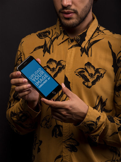Space Gray iPhone Mockup Featuring a Man with a Flowers Printed Shirt 21747