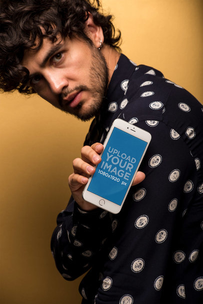 Mockup of an iPhone 8 Plus Featuring a Man in a Patterned Shirt