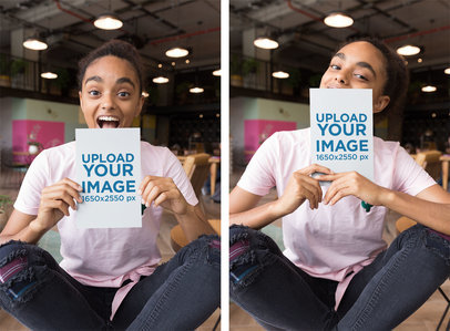 Multiple Shot Mockup of a Woman Holding a Flyer Making Faces