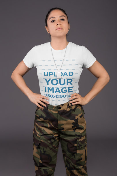 Mockup of a Woman Wearing a Tshirt and Military Clothing