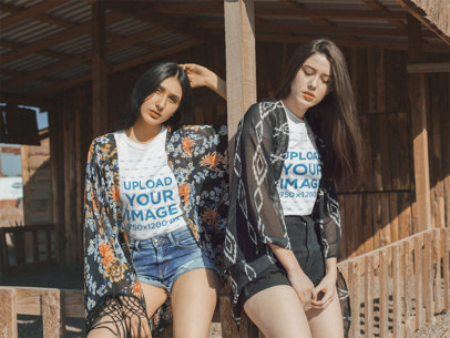 Mockup of Two Girlfriends Wearing Round Neck Tees Outside a Cabin