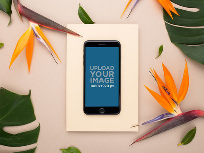 Space Gray iPhone 8 Plus Mockup with Birds of Paradise Flowers