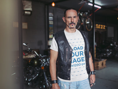 Mockup of a Tattooed Man Wearing a T-Shirt and Black Leather Vest