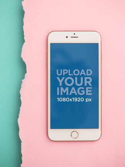 Mockup of a Silver iPhone 8 Plus over a Cyan and Pale Pink Background 21634