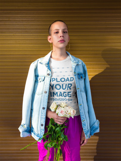 Crew-Neck Tee Mockup of a Young Woman in an Urban Style Outfit Holding White Roses