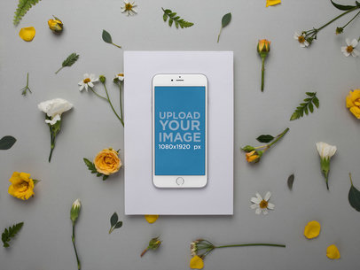 Mockup of a Silver iPhone 8 Plus Featuring Yellow and White Flowers