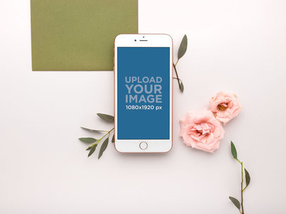 iPhone Mockup Lying with Roses Heads and Stems