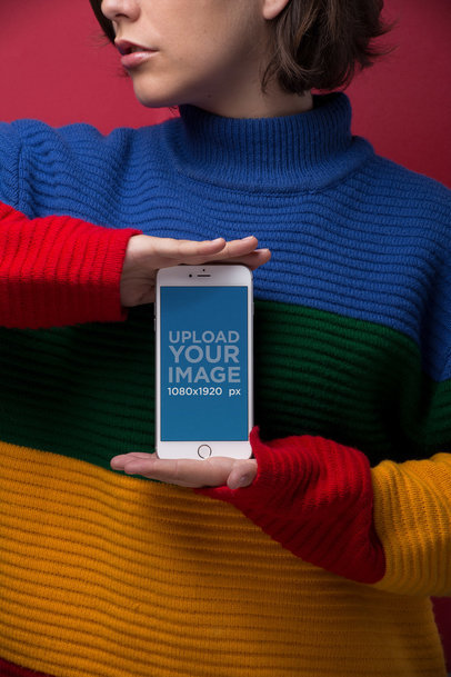Silver iPhone 8 Mockup of a Short-Haired Woman in a Striped Sweater 21831