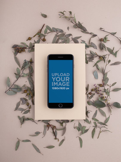 iPhone 8 Plus Mockup Surrounded by Small Leaves