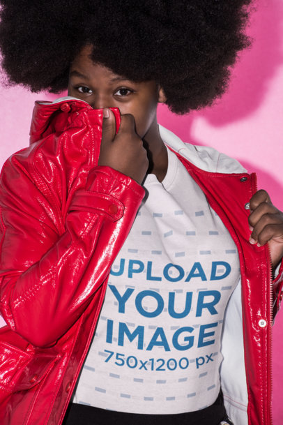 Mid Shot Tee Mockup Featuring a Woman with Afro Hair Hiding Her Face