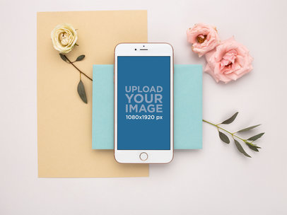 Gold iPhone 8 Plus Mockup on an Envelope with Pink and Yellow Roses