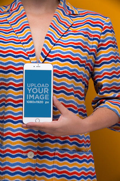 iPhone 8 Mockup Featuring a Woman Wearing a Bright Colorful Shirt 21833