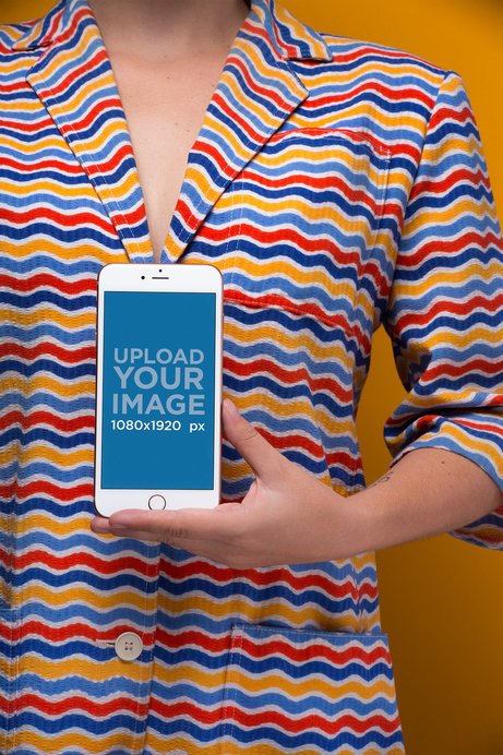 iPhone 8 Mockup Featuring a Woman Wearing a Bright Colorful Shirt