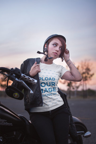 Round Neck Tee Mockup Featuring a Tattooed Woman Posing with a Biker Outfit 