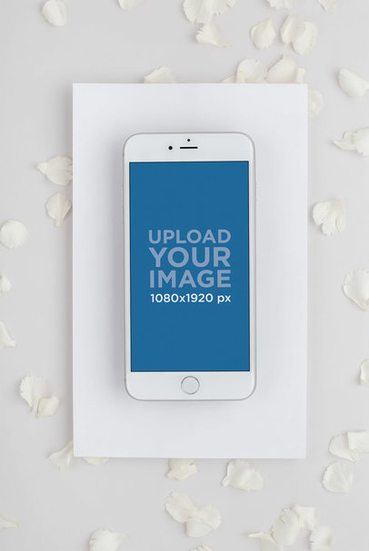 Silver iPhone 8 Plus Mockup on a Rectangular Cardboard Over a White Surface with Flower Petals