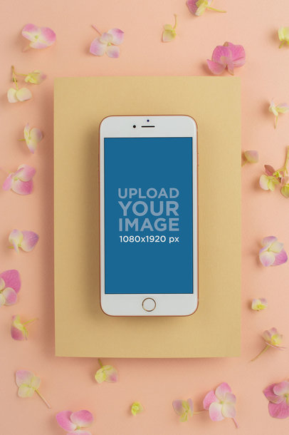 Gold iPhone Mockup on a Yellow Rectangle with Petals 21987