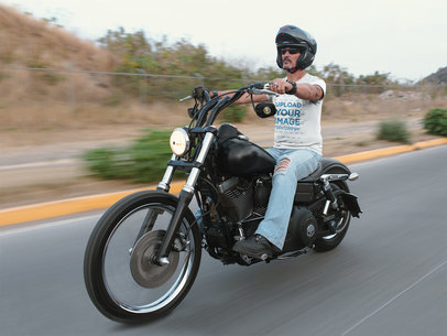 T-Shirt Mockup of a Biker Riding his Motorcycle