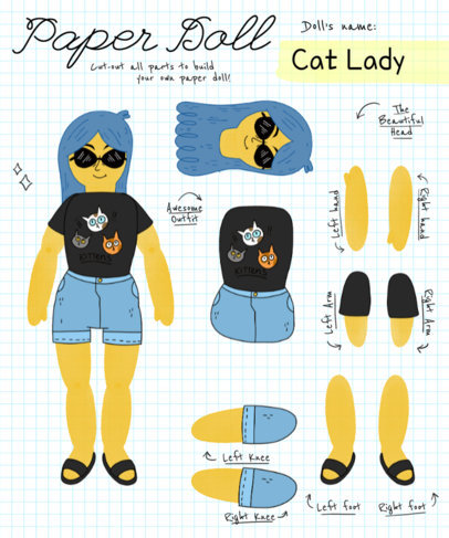 Cat Lady Paper Doll Tee Design Template 482b 