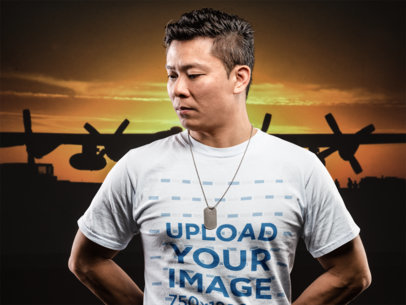 Mockup of a Veteran Man Looking Down Wearing a T-Shirt