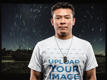 T-Shirt Mockup of an Army Veteran in Front of a Starry Night Background