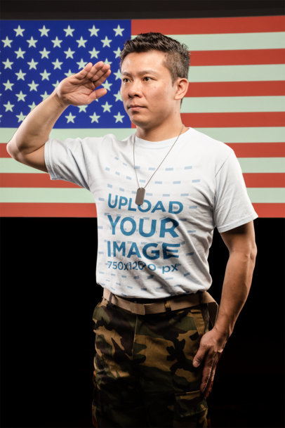 T-Shirt Mockup of a Veteran Saluting the American Flag