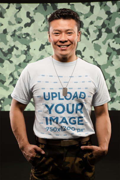 T-Shirt Mockup of a Smiling Veteran Soldier 