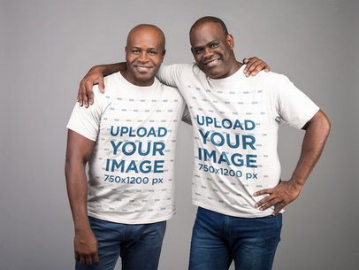 Tshirt Mockup of Two Senior Brothers Hugging at a Studio