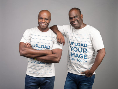 T-Shirt Mockup Featuring Two Men Smiling at the Camera