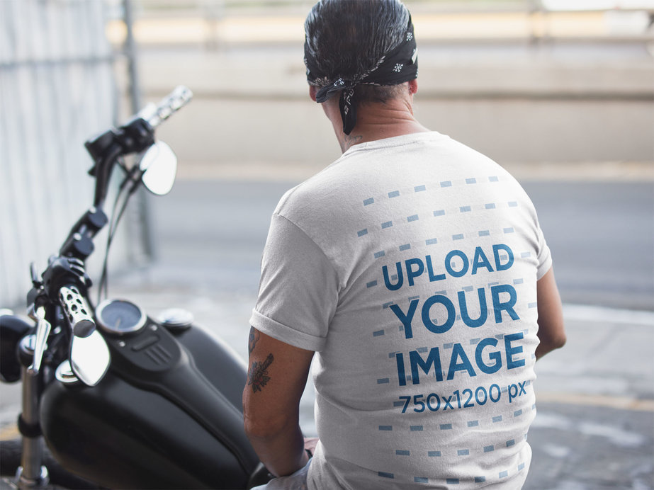 Back View of a T-Shirt Mockup of a Senior Biker Man 