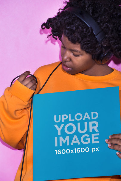 Vinyl Album Cover Mockup Featuring a Girl Listening to Music Against a Pink Wall 22113