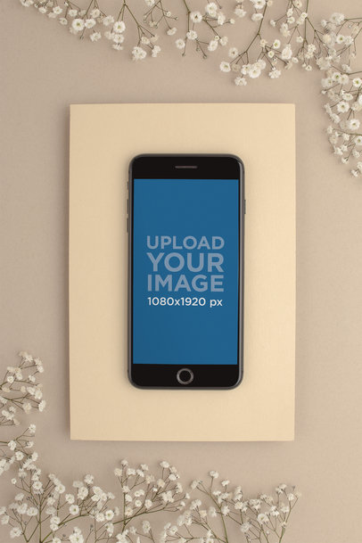 Space Gray iPhone 8 Mockup on a Pale-Yellow Color Background with a Corner Frame of White Flowers 22018
