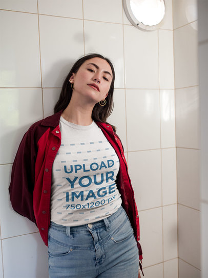 Mockup of a Woman Wearing a T-Shirt and Red Jacket