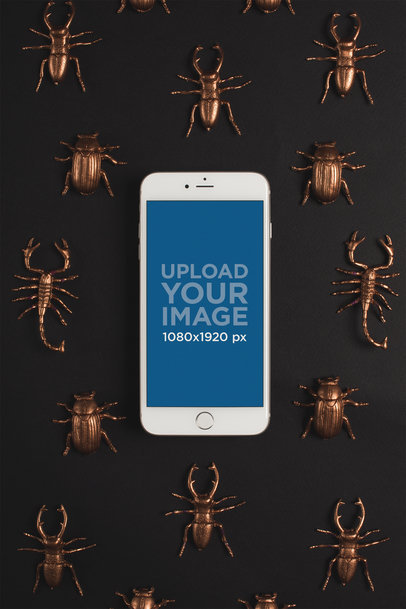 Mockup of a Silver iPhone 8 Plus Surrounded by Copper Insects 22187