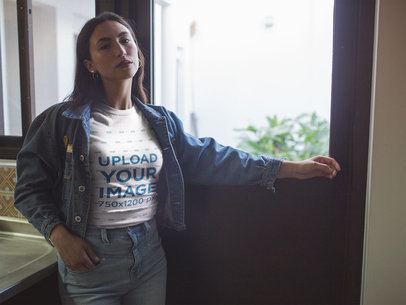 T-Shirt Mockup of a Woman Reaching for a Door 19745